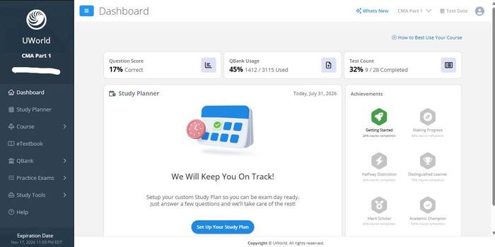 UWorld learning platform dashboard